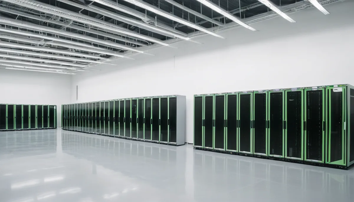Sala de datos amplia y luminosa con la mayoría de los armarios de servidores apagados, imagen de la capacidad instalada que permanece sin uso