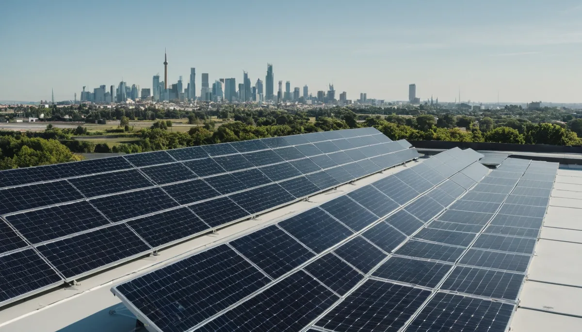 Paneles solares instalados en una azotea con la ciudad al fondo, fuente de energía para un equipo de inferencia en el borde de la red